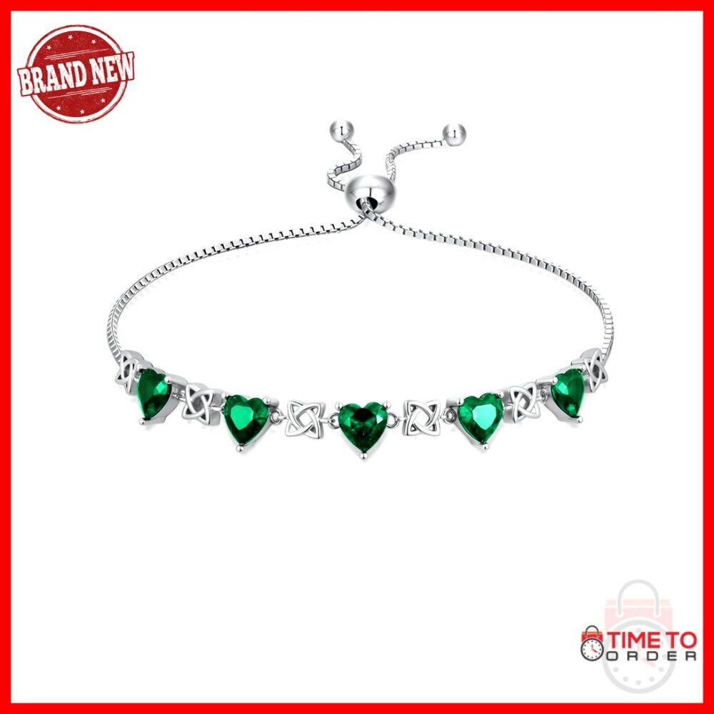 Adjustable Sterling Silver Celtic Knot Heart Bracelet with Birthstone 6.5+2 Inch